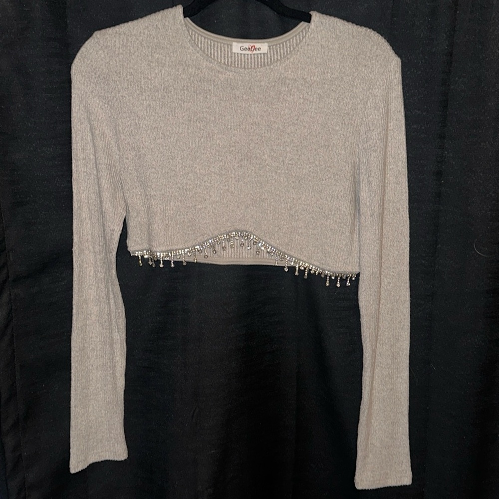 Women’s Grey Crop Sweater with Rhinestone type fringe on bottom. Size Small.